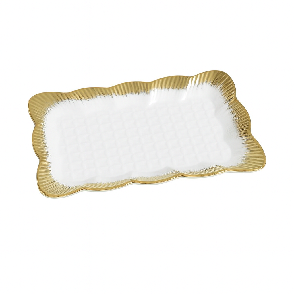 Rectangular Ceramic Serving Dish – White with Gold Border - Habitt