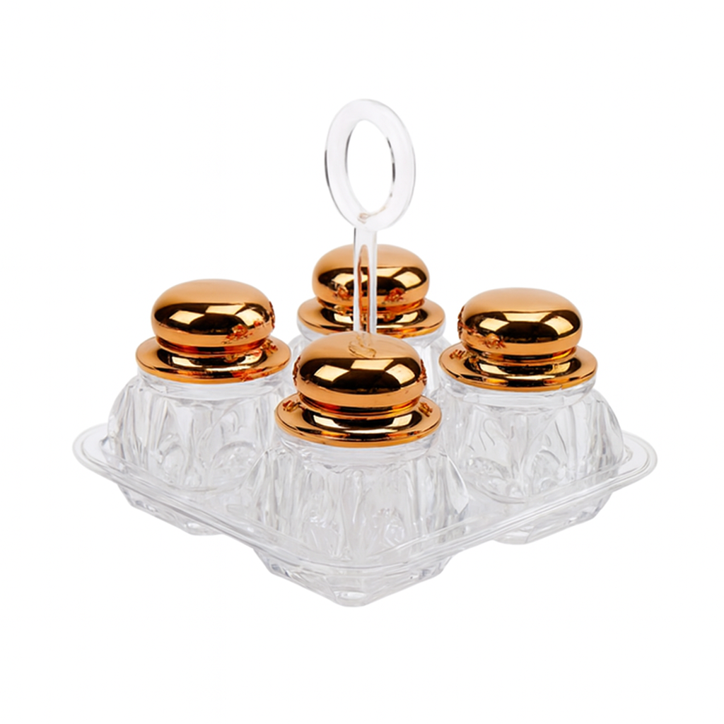 Salt & Pepper Cruet Set – 4 Pcs Acrylic with Rose Gold, Gold & Silver Lids - Habitt