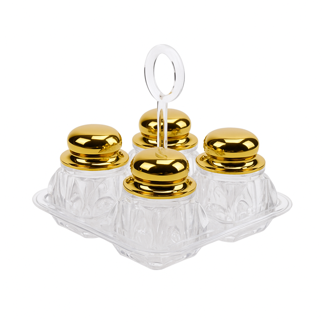 Salt & Pepper Cruet Set – 4 Pcs Acrylic with Rose Gold, Gold & Silver Lids - Habitt
