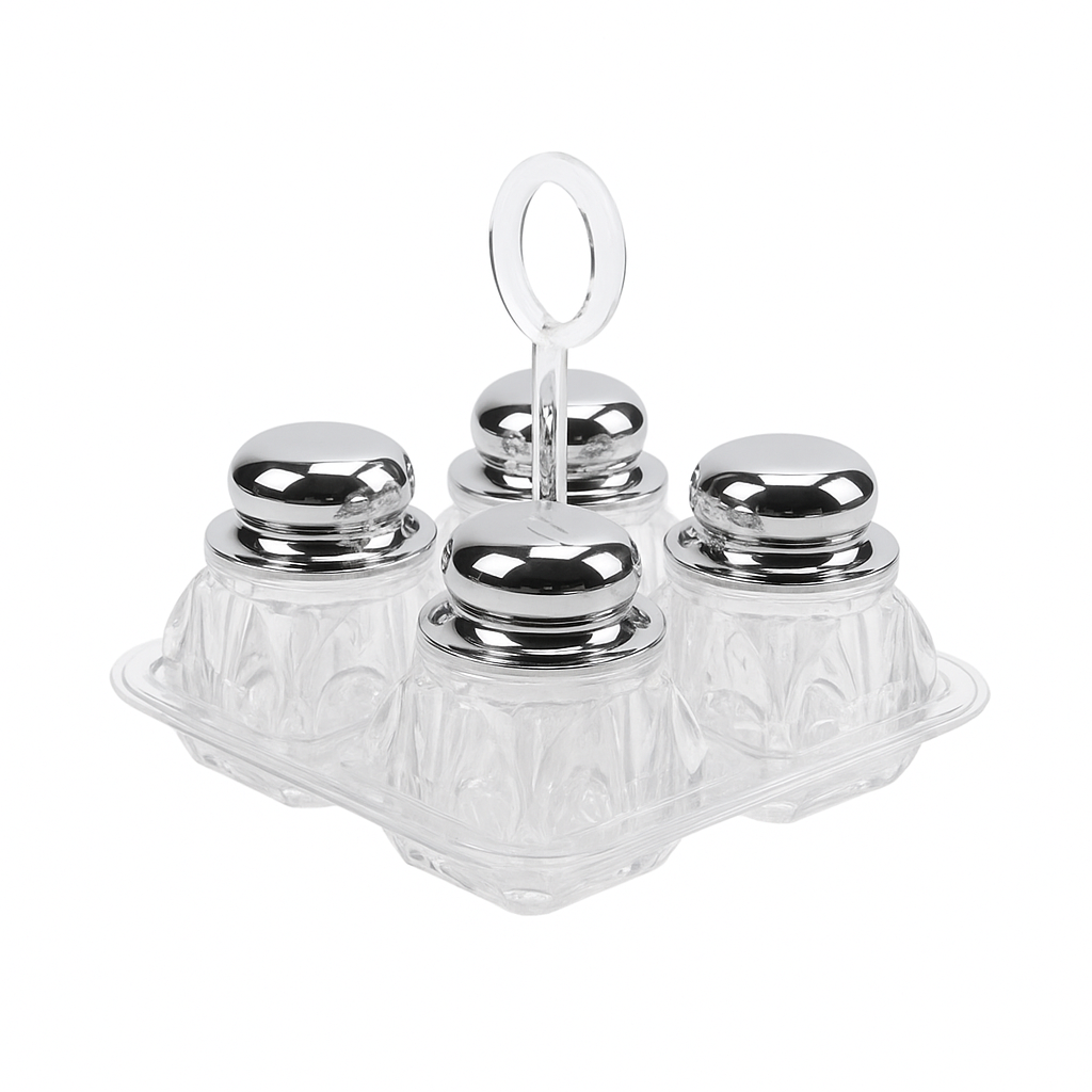 Salt & Pepper Cruet Set – 4 Pcs Acrylic with Rose Gold, Gold & Silver Lids - Habitt