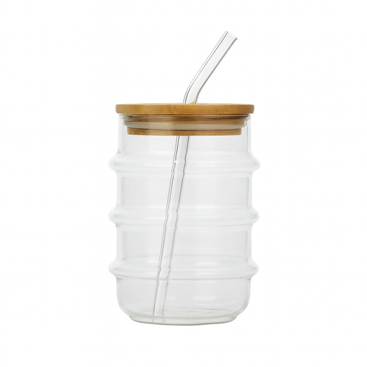 500ml Straw Glass – Clear Borosilicate with Wooden Lid & Reusable Straw - Habitt