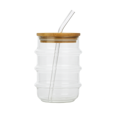 500ml Straw Glass – Clear Borosilicate with Wooden Lid & Reusable Straw - Habitt