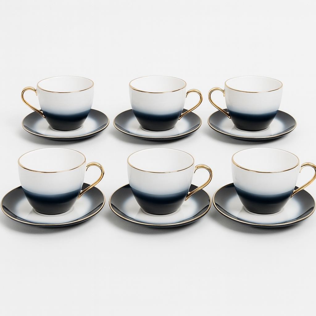6 Person 12-Piece Porcelain Tea Cup and Saucer Set for 6 – Elegant black & White Gradient with Gold Rim - Habitt