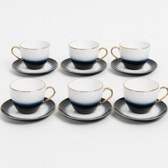 6 Person 12-Piece Porcelain Tea Cup and Saucer Set for 6 – Elegant black & White Gradient with Gold Rim - Habitt