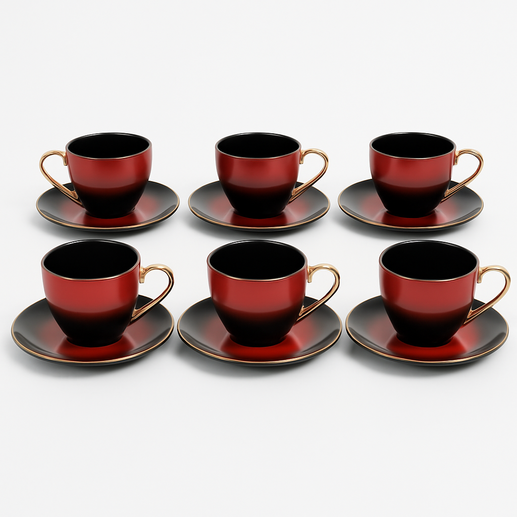 12-Piece Tea & Coffee Cup Set with Saucers red  – 6 Person Elegant Design Red&black - Habitt