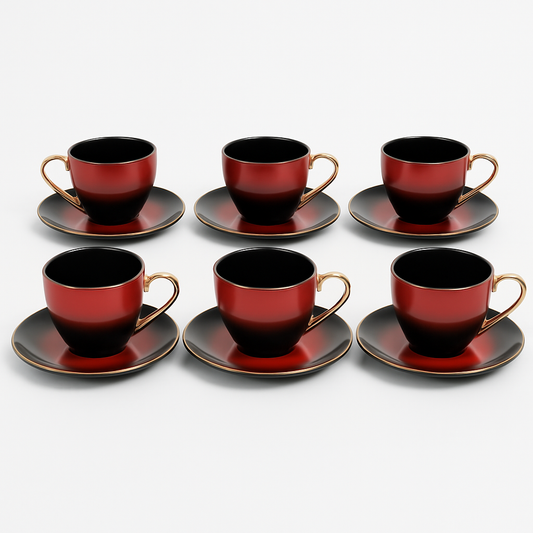12-Piece Tea & Coffee Cup Set with Saucers red  – 6 Person Elegant Design Red&black - Habitt