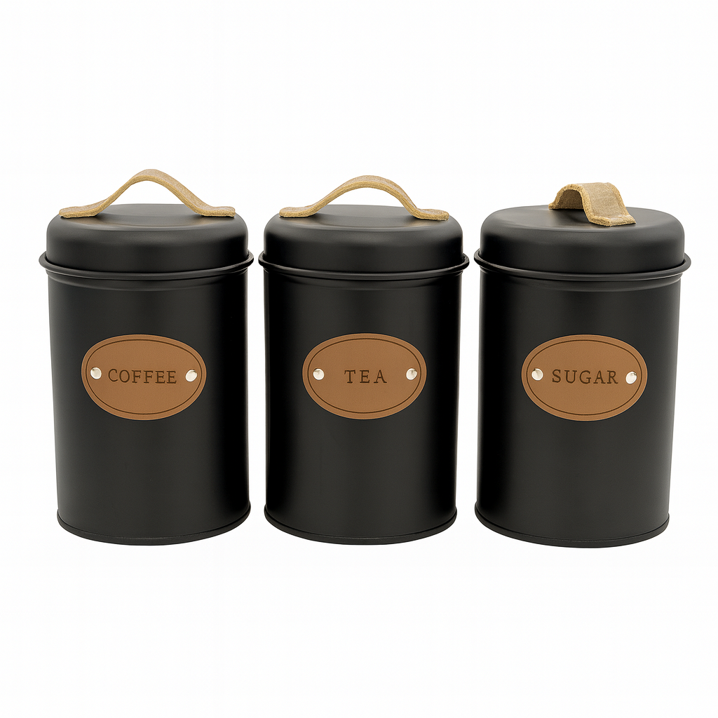 3-Piece Metal Jar Set for Coffee, Tea & Sugar | Airtight Storage Containers with Lids & Handles | Vintage Kitchen Canister Set - Habitt