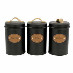 3-Piece Metal Jar Set for Coffee, Tea & Sugar | Airtight Storage Containers with Lids & Handles | Vintage Kitchen Canister Set - Habitt