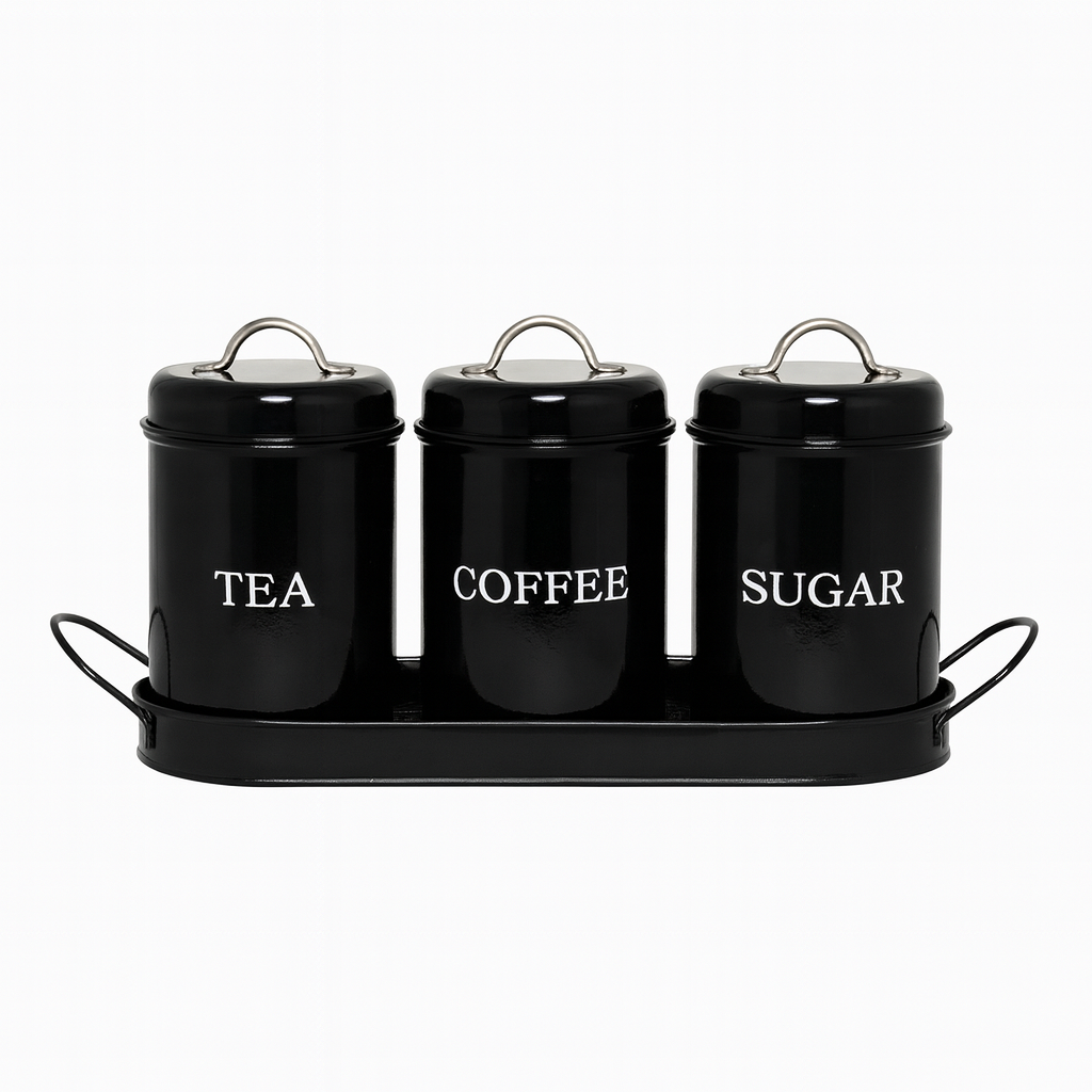 3-Piece Tin Jar Set for Tea, Coffee & Sugar | Classic Airtight Storage Containers with Tray | Vintage Metal Kitchen Canister Set - Habitt
