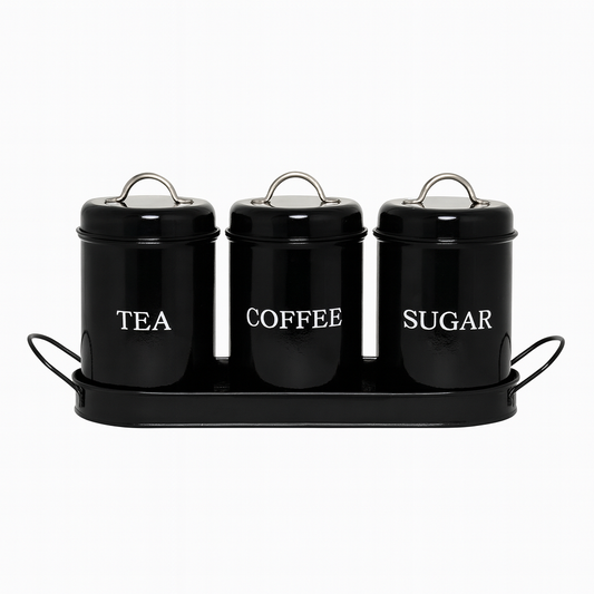 3-Piece Tin Jar Set for Tea, Coffee & Sugar | Classic Airtight Storage Containers with Tray | Vintage Metal Kitchen Canister Set - Habitt