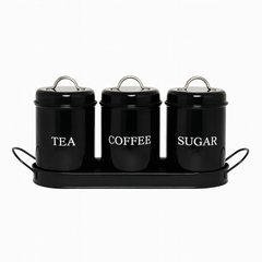3-Piece Tin Jar Set for Tea, Coffee & Sugar | Classic Airtight Storage Containers with Tray | Vintage Metal Kitchen Canister Set - Habitt