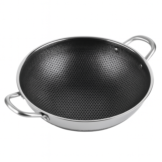 Stainless Steel Karahi without Lid | 28cm & 32cm | Double Handle Deep Frying Pan | Non-Stick Honeycomb Cookware for Gas & Induction - Habitt