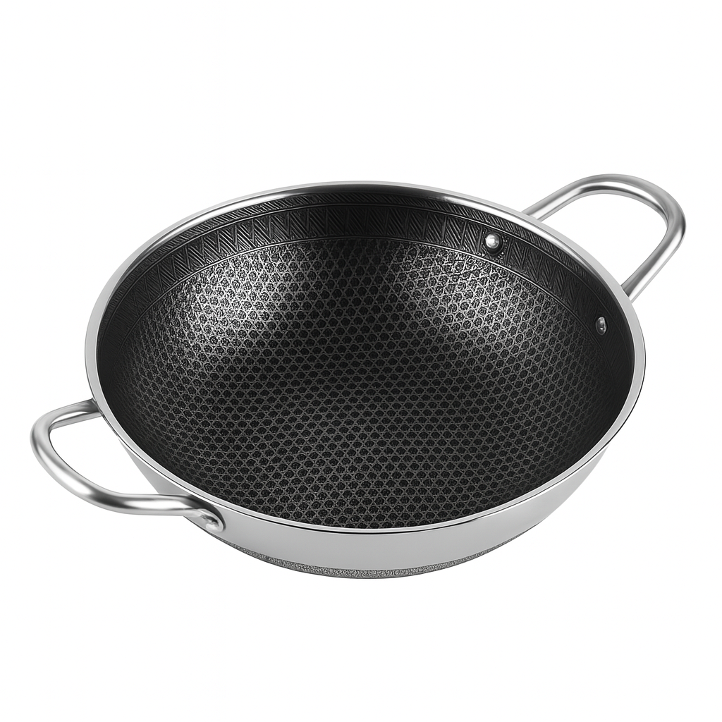 Stainless Steel Karahi without Lid | 28cm & 32cm | Double Handle Deep Frying Pan | Non-Stick Honeycomb Cookware for Gas & Induction - Habitt