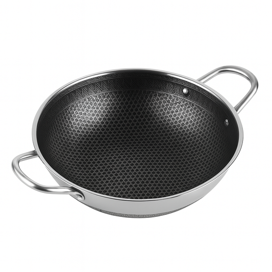 Stainless Steel Karahi without Lid | 28cm & 32cm | Double Handle Deep Frying Pan | Non-Stick Honeycomb Cookware for Gas & Induction - Habitt