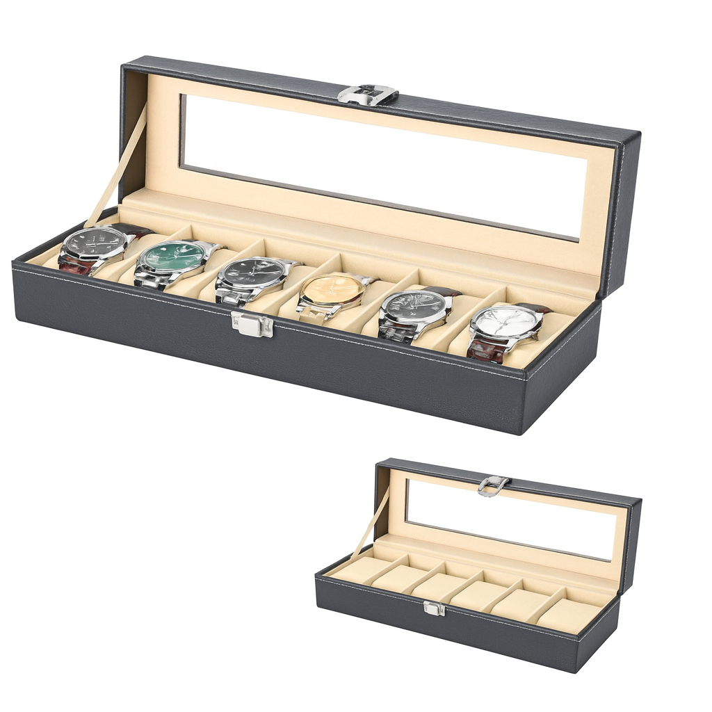 6-Partition Personalized Watch Box – Leather Display Case with Glass Lid - Habitt
