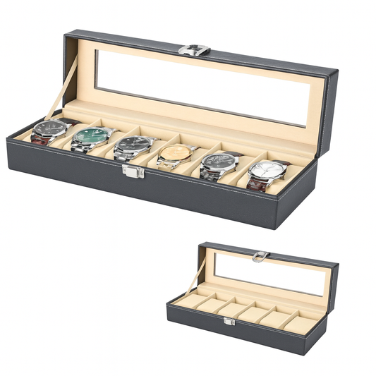 6-Partition Personalized Watch Box – Leather Display Case with Glass Lid - Habitt