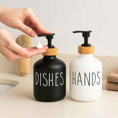 2 Pcs Glass Soap Dispenser – Refillable Pump Bottles with Bamboo Lid - Habitt