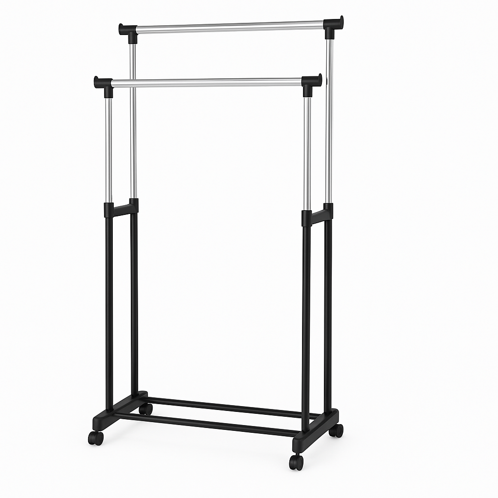 Double Pole Clothes Rack with Adjustable Height & Wheels – Heavy-Duty Garment Organizer - Habitt