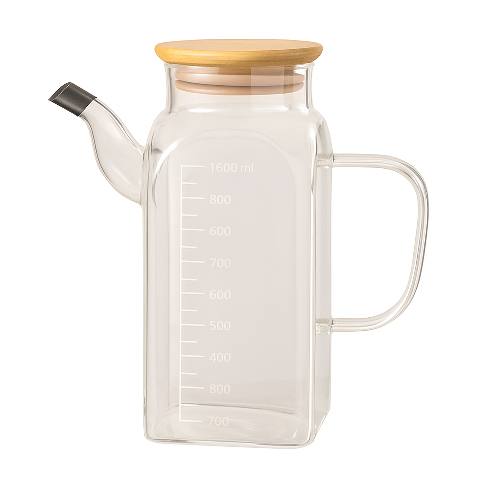 Glass Oil Jug 1000ml – Transparent Oil Dispenser with Wooden Lid - Habitt