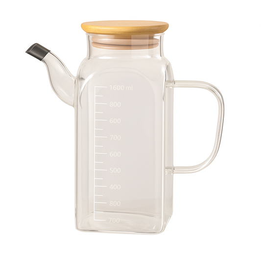 Glass Oil Jug 1000ml – Transparent Oil Dispenser with Wooden Lid - Habitt