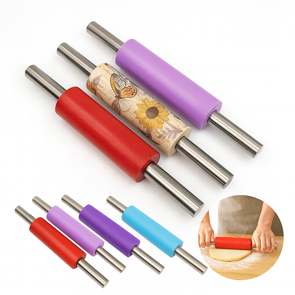 1 pc 8-Inch Silicone Rolling Pin with Stainless Steel Handle Assorted Colors– Non-Stick Dough Roller - Habitt