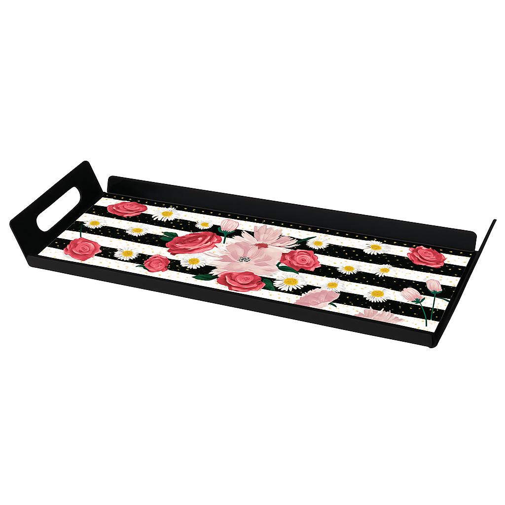 Magical Black Smart Serving Tray – Floral Striped Design with Handles - Habitt