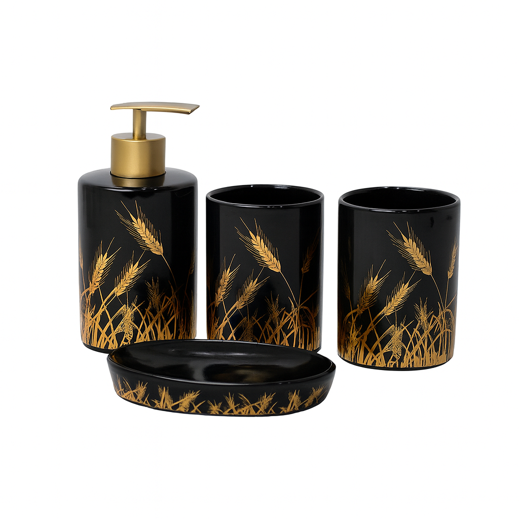 4 Pcs Bathroom Set – Soap Dispenser, Toothbrush Holder, Tumbler & Soap Dish – Ceramic Wheat Design – 2 Colours: White & Black - Habitt