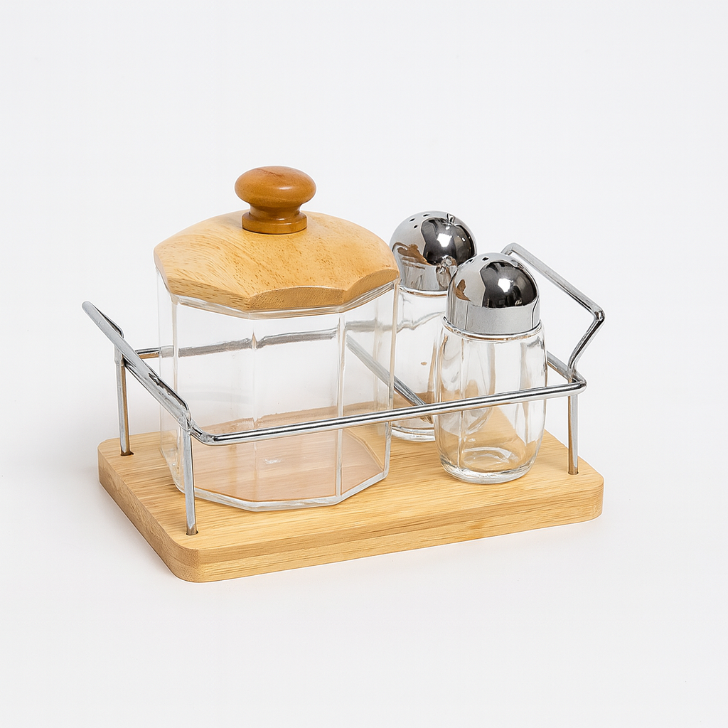 Salt & Sugar Pot Set – 3 Pcs Acrylic with Hexagonal Wooden Lid & Wooden Base - Habitt