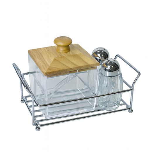 Salt & Sugar Pot Set – 3 Pcs Acrylic with Wooden Square Lid & Metal Stand - Habitt
