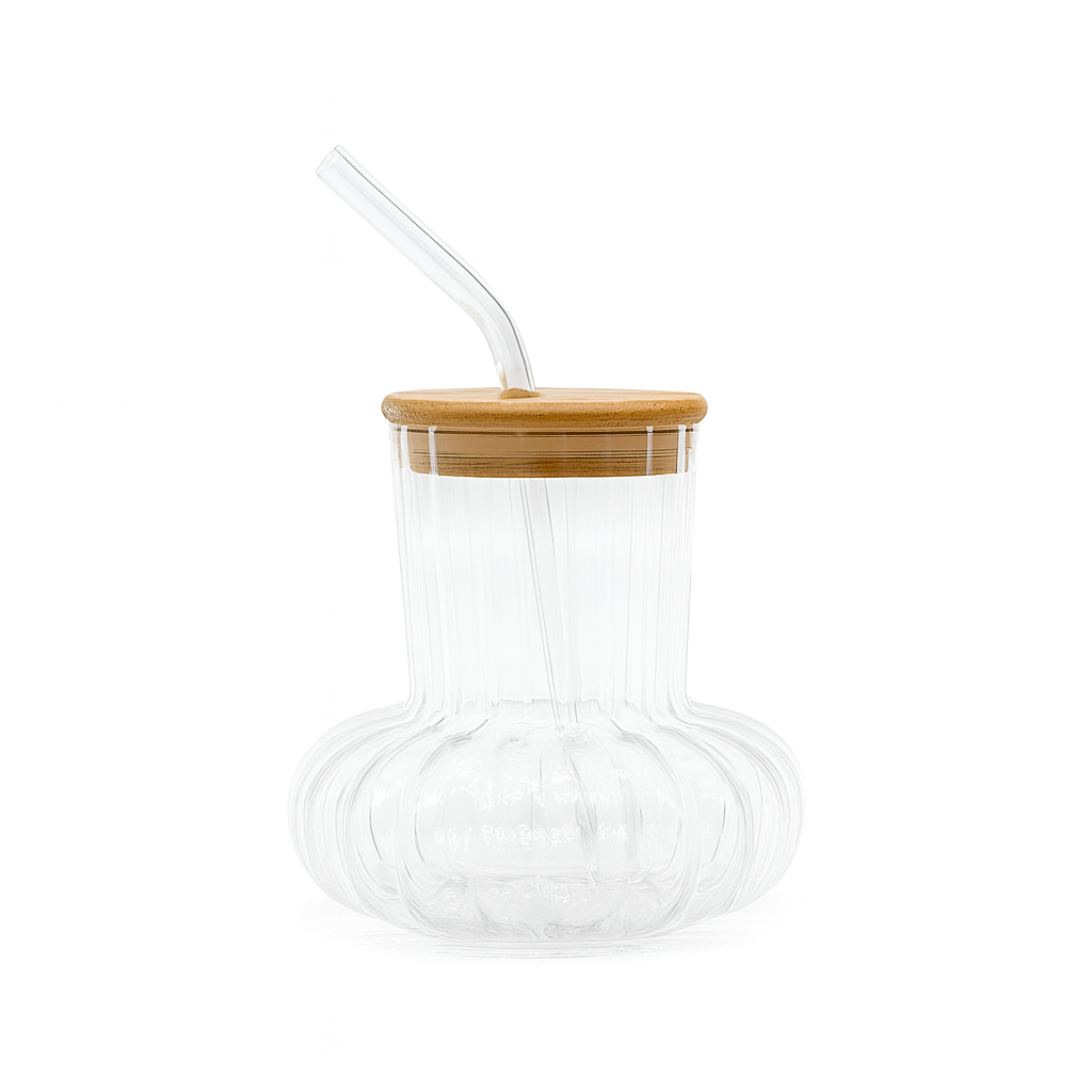 350ml Straw Glass – Clear Borosilicate with Wooden Lid & Reusable Straw - Habitt