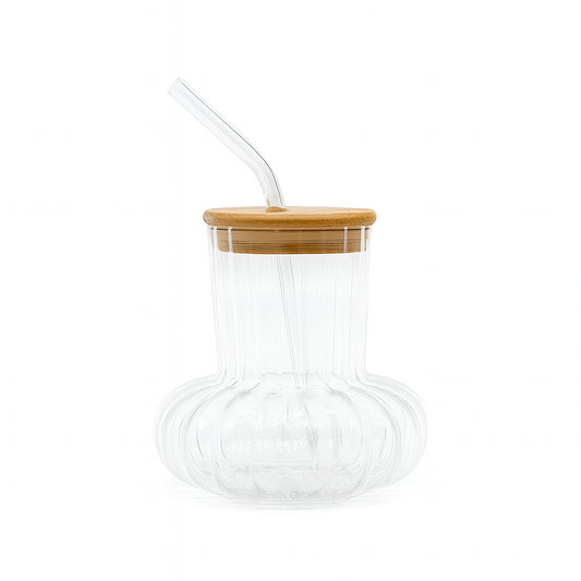 350ml Straw Glass – Clear Borosilicate with Wooden Lid & Reusable Straw - Habitt