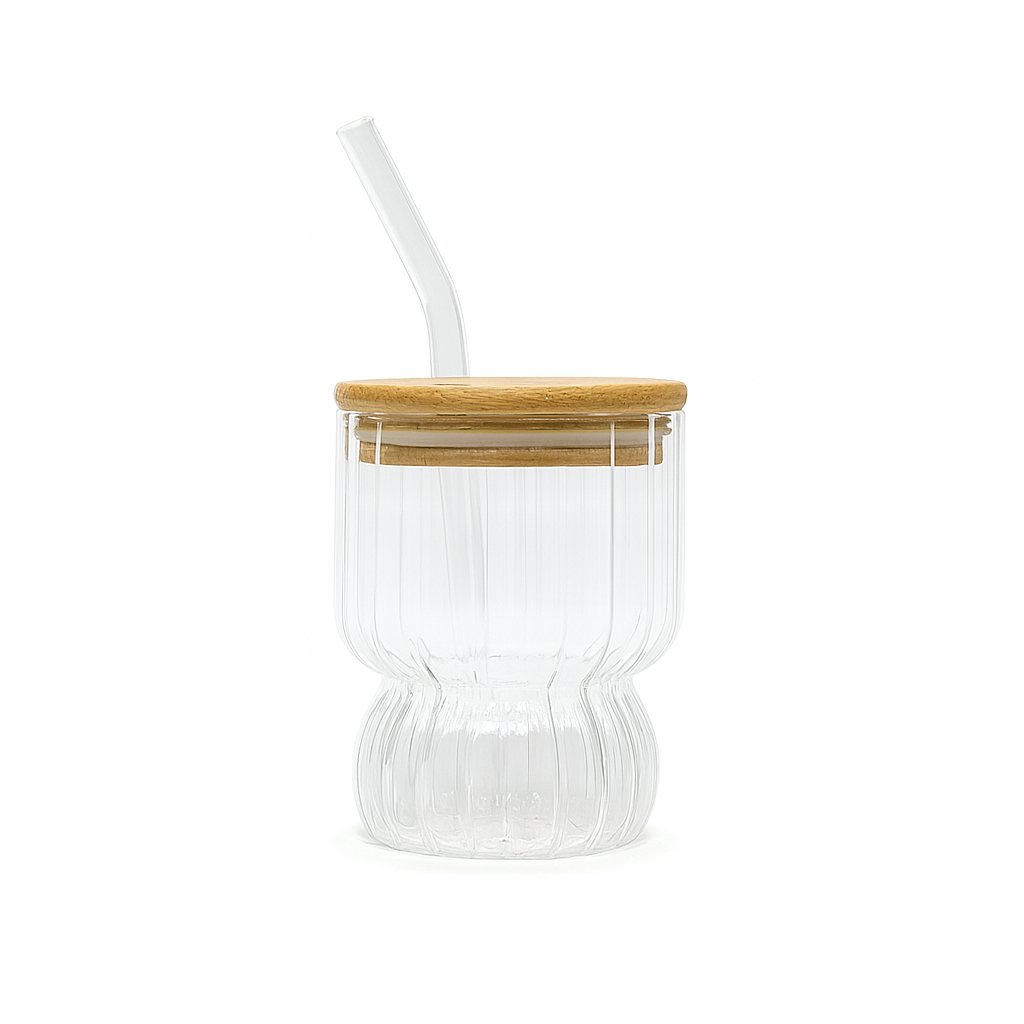 350ml Straw Glass – Clear Borosilicate with Wooden Lid & Reusable Straw (Curved Design) - Habitt