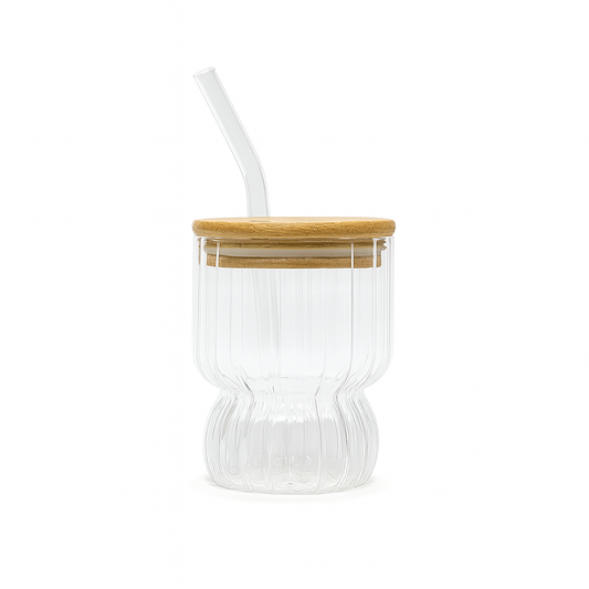 350ml Straw Glass – Clear Borosilicate with Wooden Lid & Reusable Straw (Curved Design) - Habitt