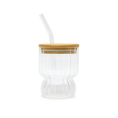 350ml Straw Glass – Clear Borosilicate with Wooden Lid & Reusable Straw (Curved Design) - Habitt