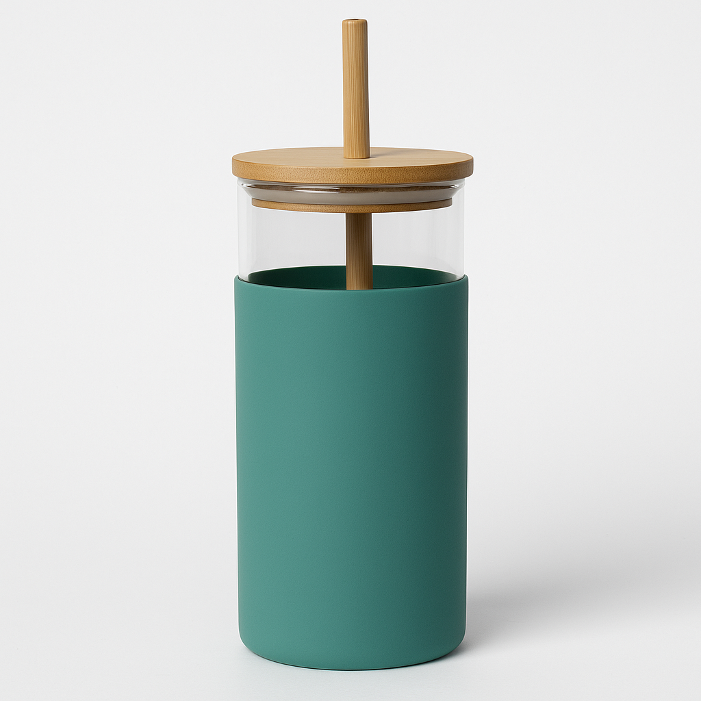 1Pc 500ml Straw Glass Bottle – Reusable with Wooden Lid & Silicone Sleeve (Green, Pink, Blue, Beige) - Habitt
