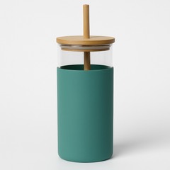 1Pc 500ml Straw Glass Bottle – Reusable with Wooden Lid & Silicone Sleeve (Green, Pink, Blue, Beige) - Habitt