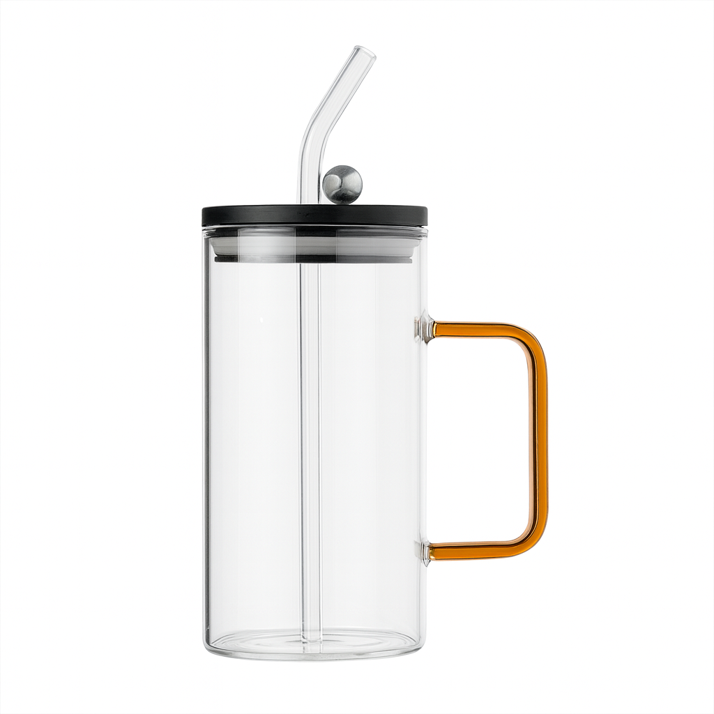 250ml Straw Glass – Clear Borosilicate with Handle, Lid & Reusable Straw (Pink & Black) - Habitt