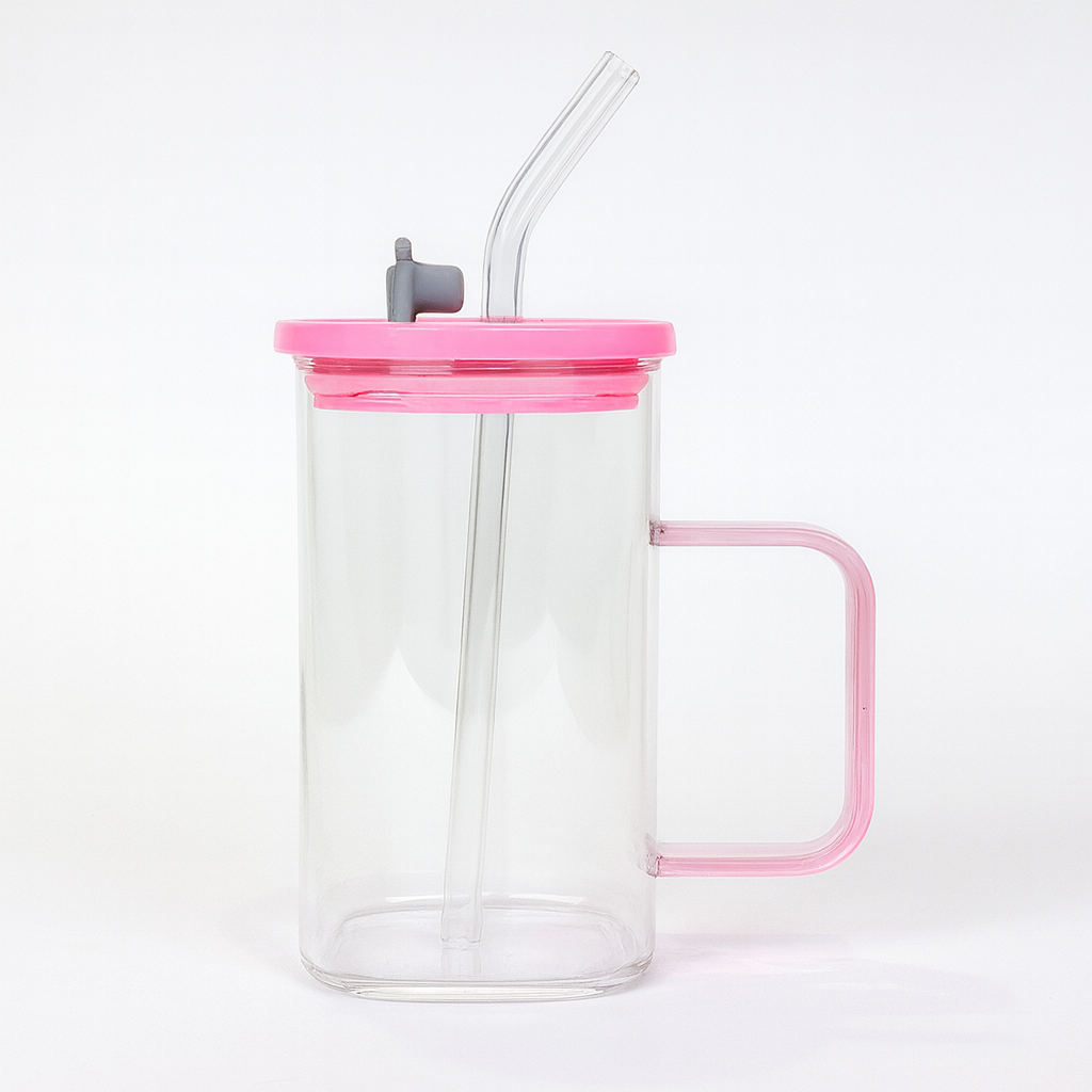 250ml Straw Glass – Clear Borosilicate with Handle, Lid & Reusable Straw (Pink & Black) - Habitt