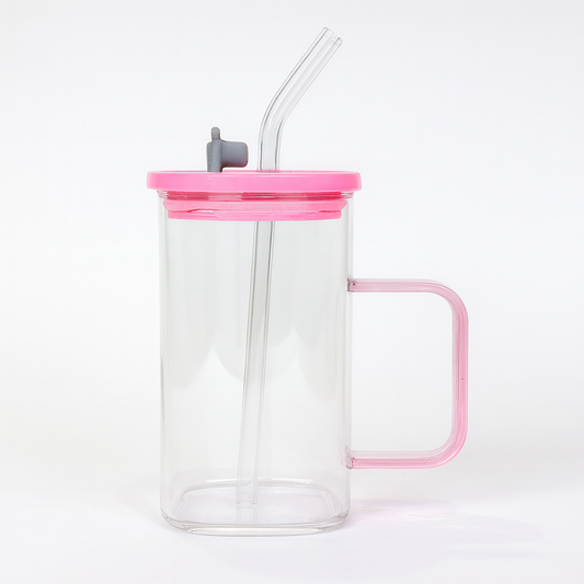 250ml Straw Glass – Clear Borosilicate with Handle, Lid & Reusable Straw (Pink & Black) - Habitt