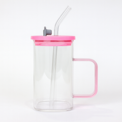 250ml Straw Glass – Clear Borosilicate with Handle, Lid & Reusable Straw (Pink & Black) - Habitt