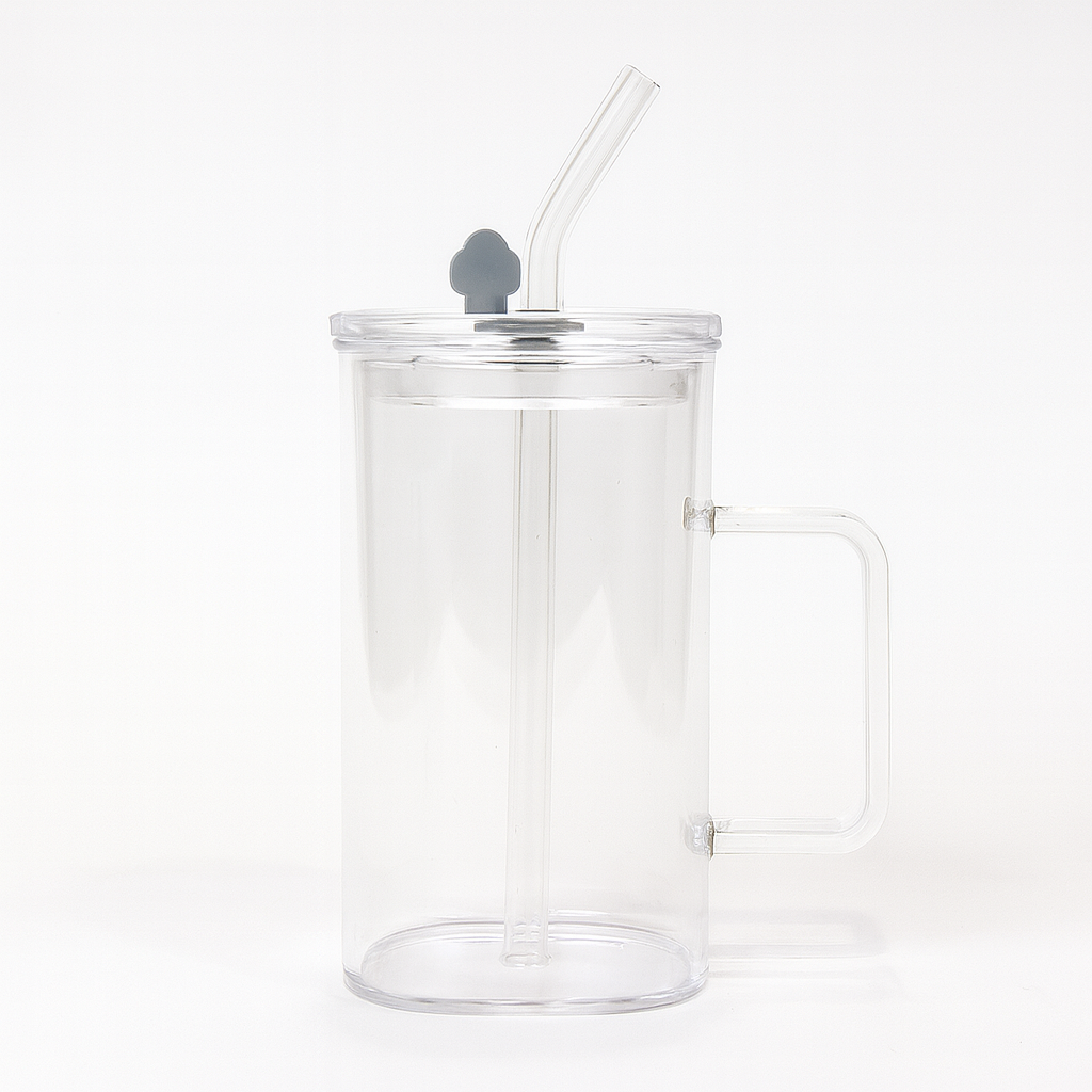 250ml Straw Glass – Clear Borosilicate with Handle, Lid & Reusable Straw - Habitt