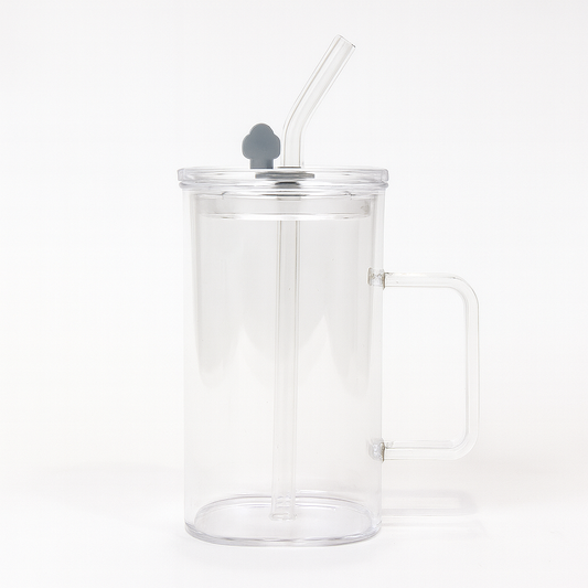 250ml Straw Glass – Clear Borosilicate with Handle, Lid & Reusable Straw - Habitt