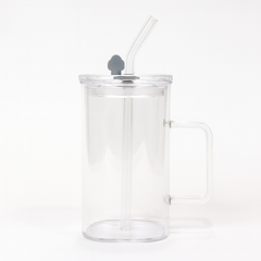 250ml Straw Glass – Clear Borosilicate with Handle, Lid & Reusable Straw - Habitt