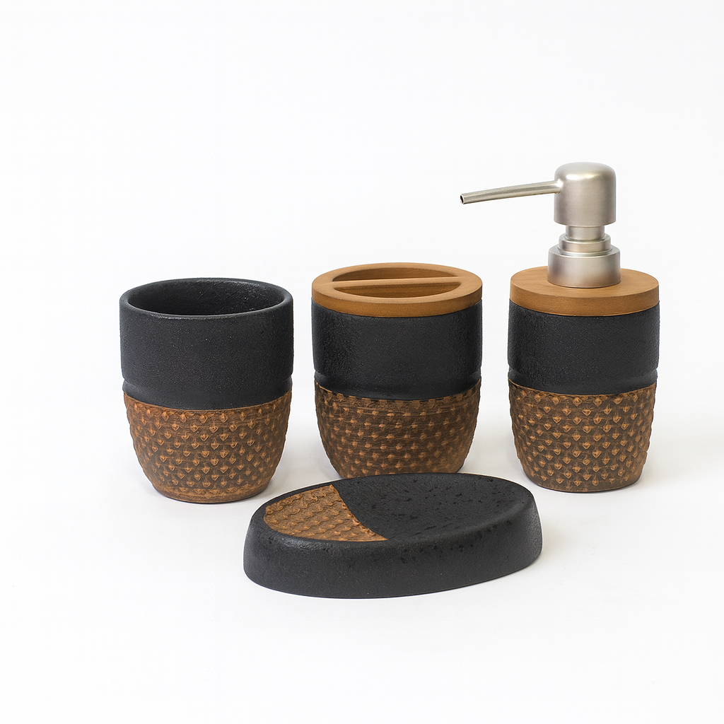 4 Pcs Bathroom Set – Soap Dispenser, Toothbrush Holder, Tumbler & Soap Dish – Ceramic Textured Design – 2 Colours Black and White - Habitt
