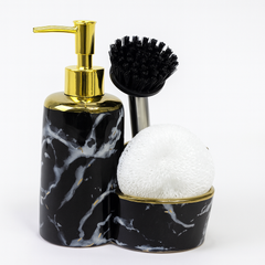 3 Pcs Attached Soap Dispenser with Scrubber & Brush Holder – Marble Design – Ceramic Bathroom / Kitchen Accessory – 2 Colours Black and White - Habitt
