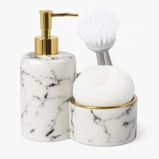 3 Pcs Attached Soap Dispenser with Scrubber & Brush Holder – Marble Design – Ceramic Bathroom / Kitchen Accessory – 2 Colours Black and White - Habitt