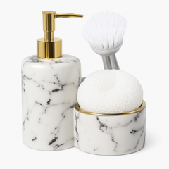 3 Pcs Attached Soap Dispenser with Scrubber & Brush Holder – Marble Design – Ceramic Bathroom / Kitchen Accessory – 2 Colours Black and White - Habitt