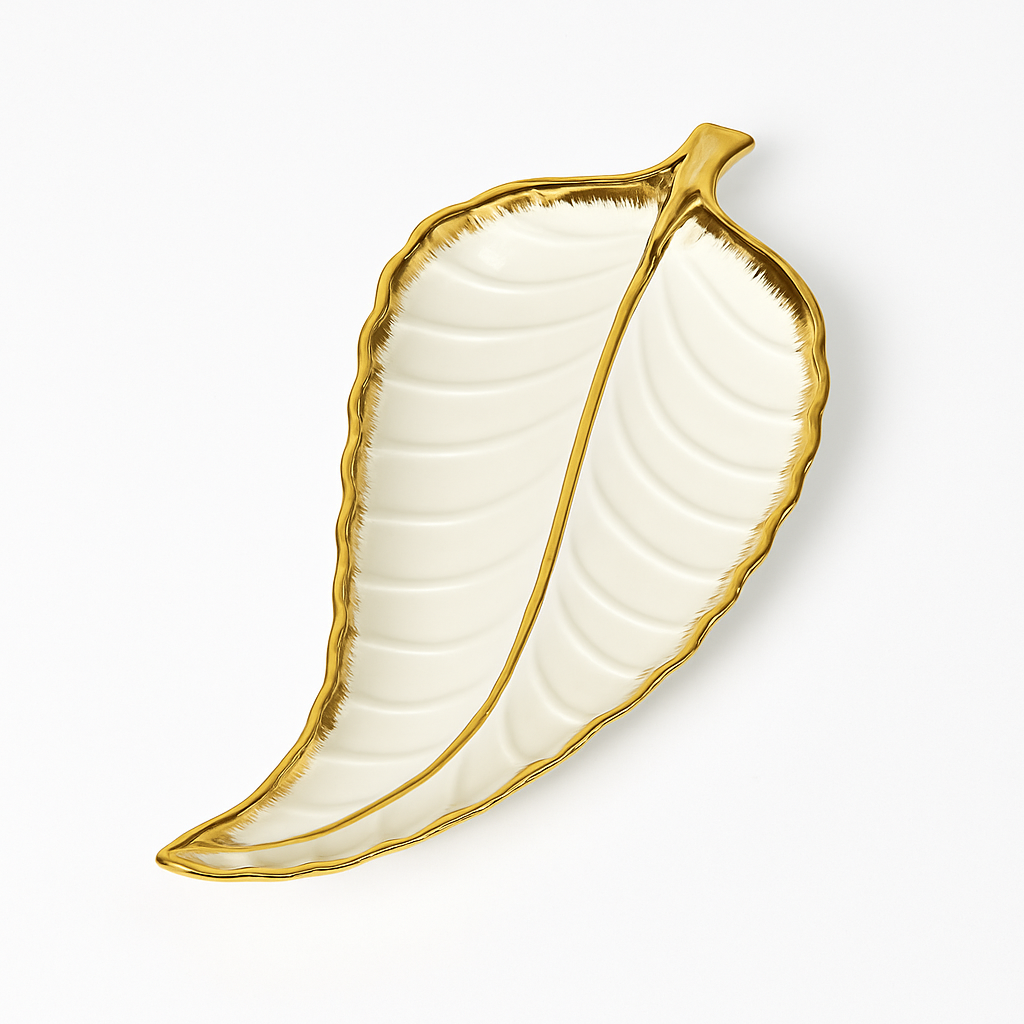 1Pc Leaf Platter Single – Green & White | Luxury Ceramic Serving Tray - Habitt