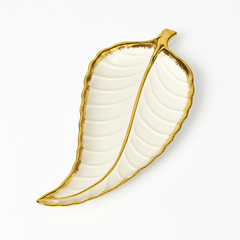 1Pc Leaf Platter Single – Green & White | Luxury Ceramic Serving Tray - Habitt