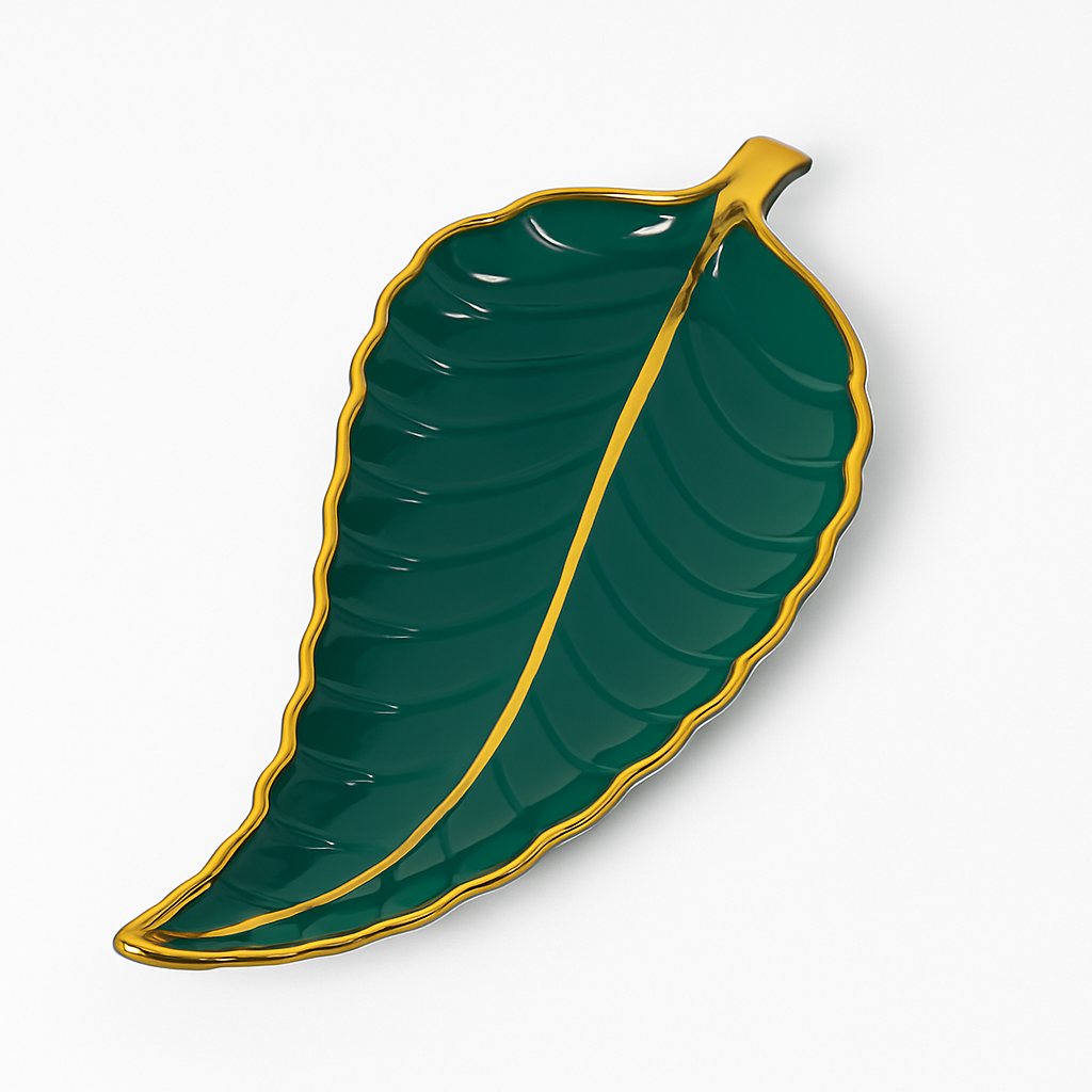 1Pc Leaf Platter Single – Green & White | Luxury Ceramic Serving Tray - Habitt